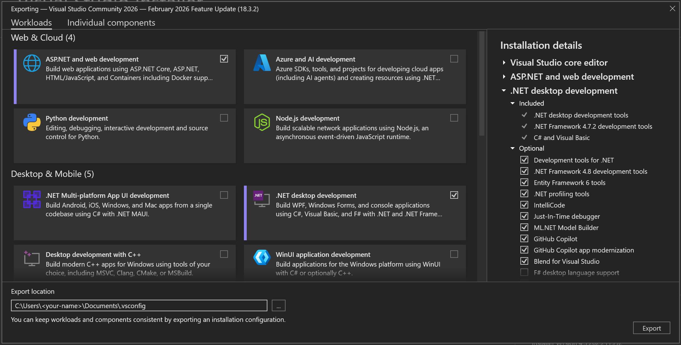 Screenshot des Exportfensters.