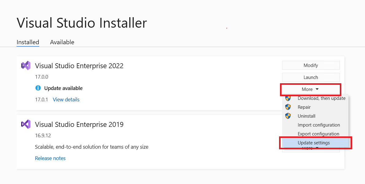 Screenshot: Option „Updateeinstellungen“ im Installer