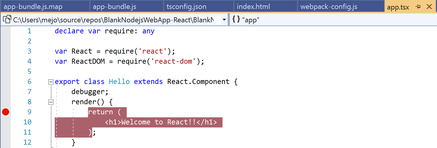 Screenshot: Für die return-Anweisung der Renderfunktion in „app.tsx“ festgelegter Haltepunkt.