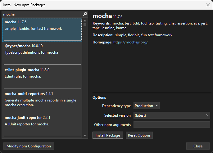 Screenshot der Installation des neuen npm-Pakets für esproj.