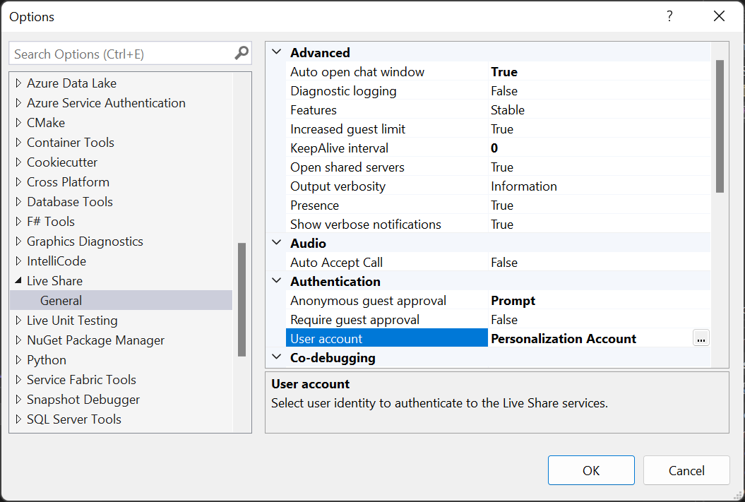Screenshot, der die Visual Studio-Tools Optionen für die Livefreigabe zeigt.