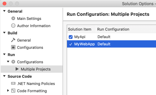 Solution Options dialog box with selected projects