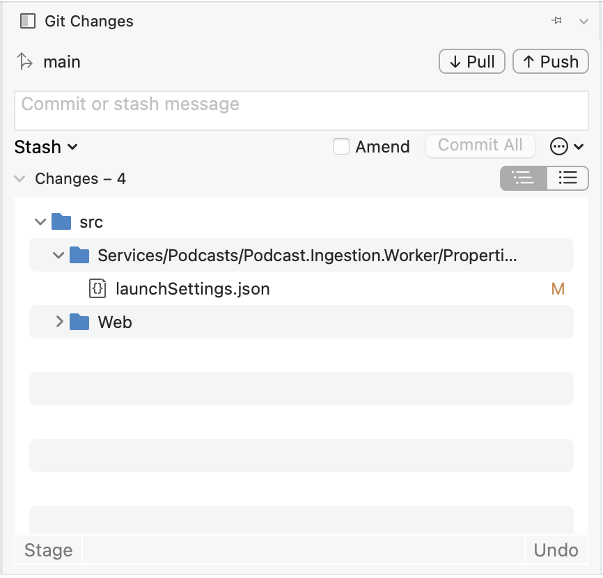 Screenshot des Fensters „Git-Änderungen“ in Visual Studio für Mac mit einer Datei „launchSettings.json“ in der Liste der gestageten Dateien