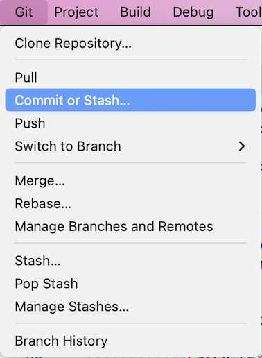 Screenshot des Git-Menüs in Visual Studio für Mac mit den Optionen „Repository klonen“, „Pullen“, „Commit oder Stash“, „Pushen“, „Zu Branch wechseln“, „Zusammenführen“, „Rebase ausführen“, „Branches und Git-Remotespeicherorte verwalten“, „Stash“, „Pop-Stash“, „Stashes verwalten“ und „Verzweigungsversionsgeschichte“