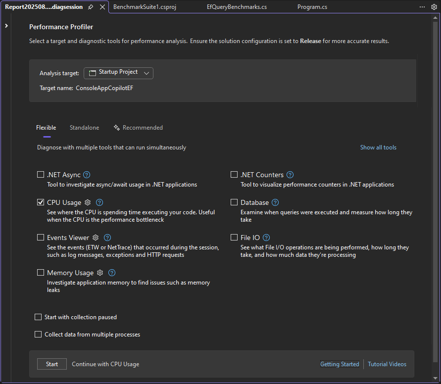 Screenshot des Performance Profiler.