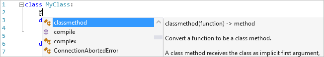 Screenshot, der die Vervollständigung des Decorators im Visual Studio-Editor zeigt.
