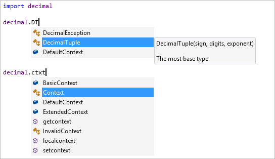 Screenshot, der die Vervollständigung von Membern mit Filterung im Visual Studio Editor zeigt.