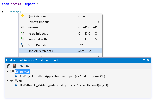Screenshot, der die Ergebnisse der Suche nach allen Referenzen in Visual Studio zeigt.