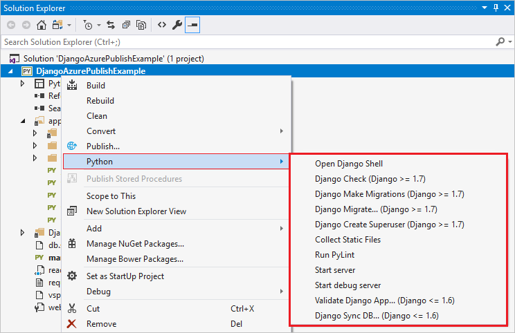 Screenshot mit den benutzerdefinierten Befehlen, die für ein Django-Projekt zum Python-Projektmenü in Visual Studio hinzugefügt wurden.