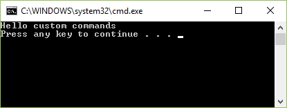 Screenshot, der die benutzerdefinierte Befehlsausgabe in einem Konsolenfenster in Visual Studio zeigt.