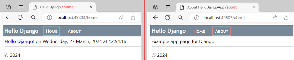 Screenshot mit der überarbeiteten Django-App, die die Vorlagenvererbung zum Rendern einer Kopf- und Navigationsleiste auf allen Seiten verwendet.
