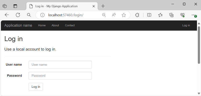 Screenshot: Anmeldeauthentifizierungsseite für den Superuser in der ausgeführten Django-Web-App