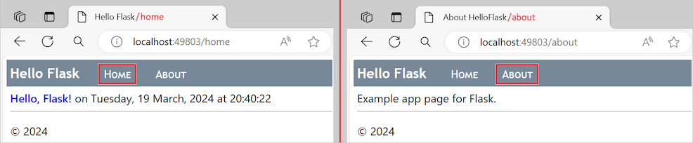Screenshot: Die überarbeitete Flask-App, die mithilfe der Vorlagenvererbung einen Header und eine Navigationsleiste auf allen Seiten rendert.