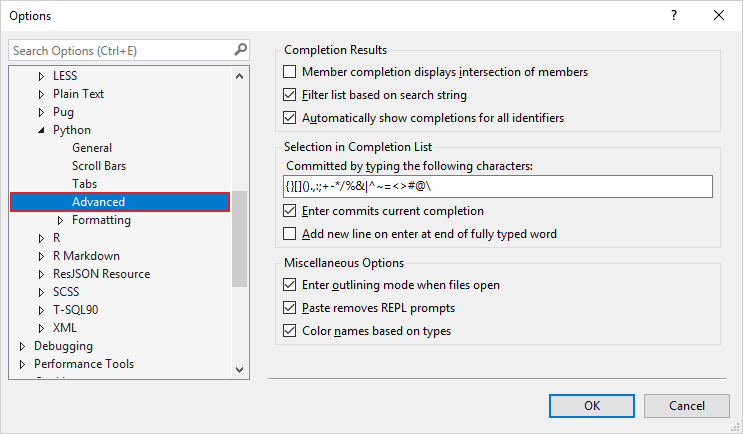 Screenshot, der verschiedene Optionen für Python unter Texteditor im Dialogfeld Optionen zeigt.