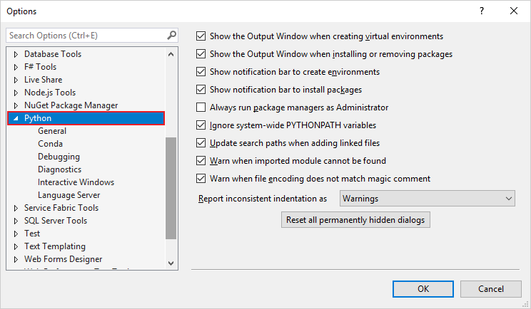 Screenshot der Optionskategorien für Python in früheren Versionen von Visual Studio, sowie spezifische allgemeine Optionen.