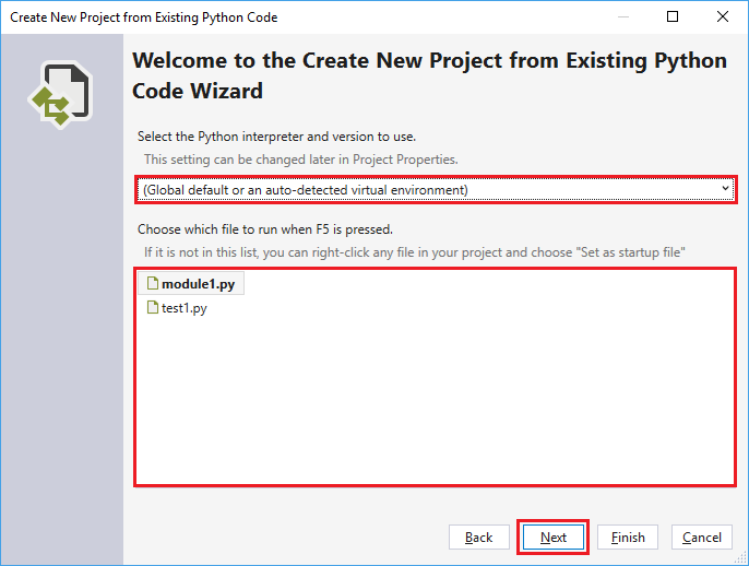 Screenshot des Fensters Neues Projekt aus vorhandenem Code erstellen, einschließlich der Auswahl der Startdatei und der Python-Umgebung.