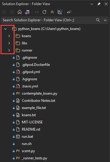 Screenshot mit den Pfeilen zum Ein- und Ausklappen von Ordnern in Visual Studio.