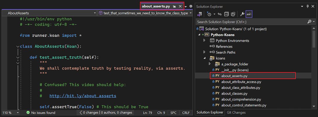 Screenshot, der zeigt, wie die about_asserts-Datei in Visual Studio geöffnet wird.