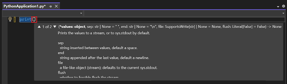 Screenshot mit IntelliSense-Autovervollständigungsoptionen für die Druckfunktion im Editor in Visual Studio.