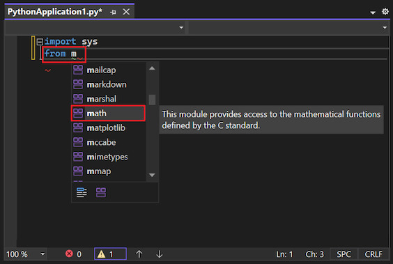Screenshot, der zeigt, wie IntelliSense die verfügbaren Module für die Anweisung