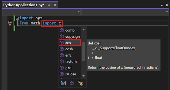 Screenshot, der zeigt, wie IntelliSense die verfügbaren Modulelemente für die Funktion `import` im Editor in Visual Studio darstellt