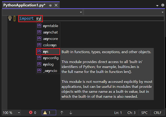 Screenshot, der zeigt, wie IntelliSense die verfügbaren Module für eine Importanweisungen im Editor in Visual Studio anzeigt.