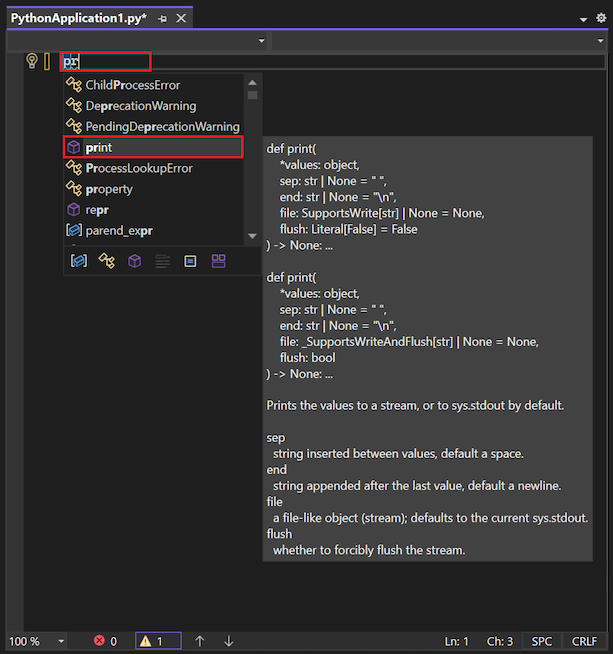 Screenshot mit den Optionen für die automatische Vervollständigung von IntelliSense im Editor in Visual Studio. Die Standardvervollständigungsoption ist hervorgehoben.
