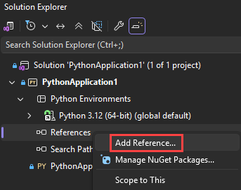 Screenshot, der zeigt, wie Sie einen Erweiterungsverweis in Python-Projekten in Visual Studio hinzufügen.