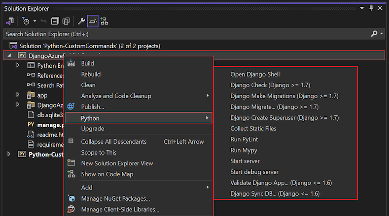 Screenshot mit den benutzerdefinierten Befehlen, die für ein Django-Projekt zum Python-Projektmenü in Visual Studio 2022 hinzugefügt wurden.