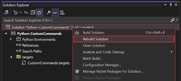 Screenshot, der zeigt, wie Sie die Lösung, die das aktualisierte Projekt in Visual Studio enthält, neu erstellen.