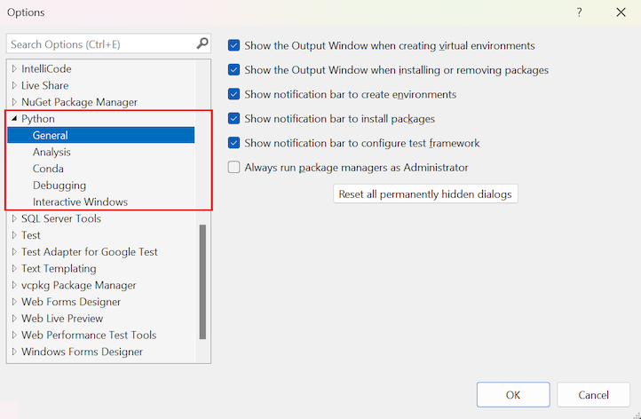 Screenshot, der die Kategorien der Optionen für Python und bestimmte allgemeine Optionen in Visual Studio 2022 zeigt.