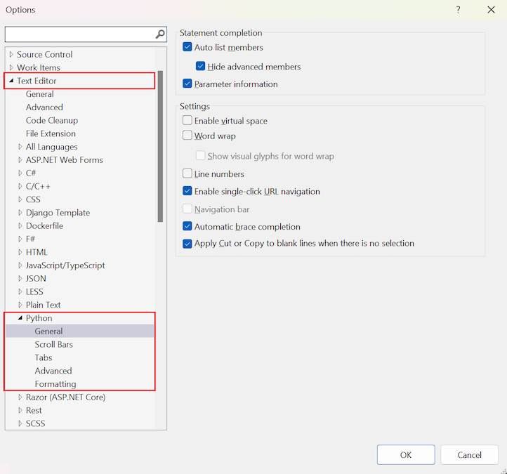 Screenshot, der die Kategorien der Texteditor-Optionen für Python und bestimmte allgemeine Optionen in Visual Studio 2022 zeigt.
