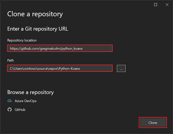 Screenshot, der zeigt, wie man das zu klonende GitHub-Repository in Visual Studio 2022 angibt.