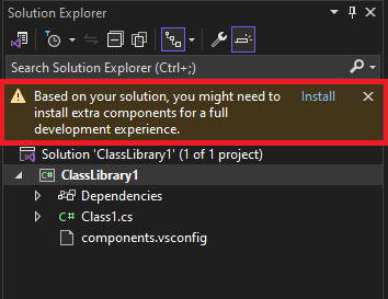 Infoleiste im Projektmappen-Explorer mit einer Aufforderung zur Installation fehlender Komponenten und Erweiterungen