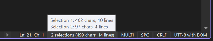 Screenshot des Editorands mit einem Informations-Tooltip zur Auswahl, der angezeigt wird, wenn Sie über mehrere markierte Textblöcke fahren