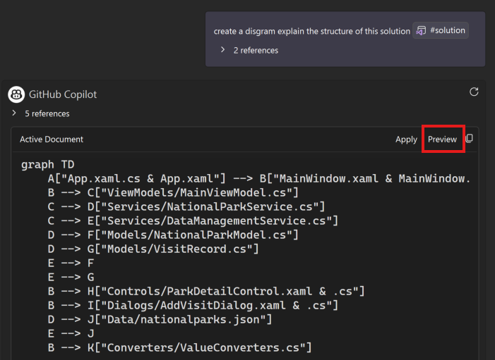 Mermaid-Diagramm, das von Copilot Chat generiert wird