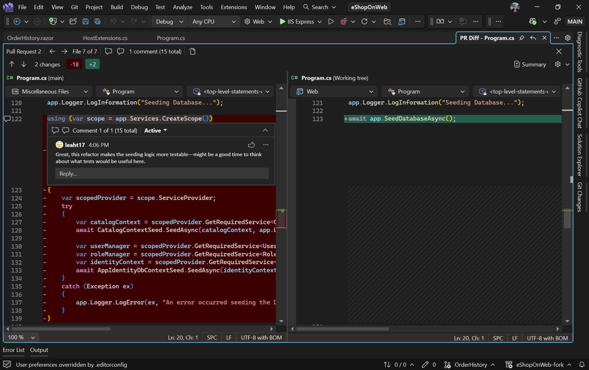 Kommentare in der Diff-Ansicht einschließlich über gelöschten Code