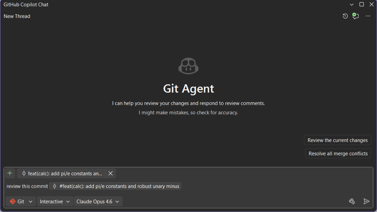 Copilot Chat Fenster mit Git-Agent-Aufforderung, einen bestimmten Commit zu überprüfen