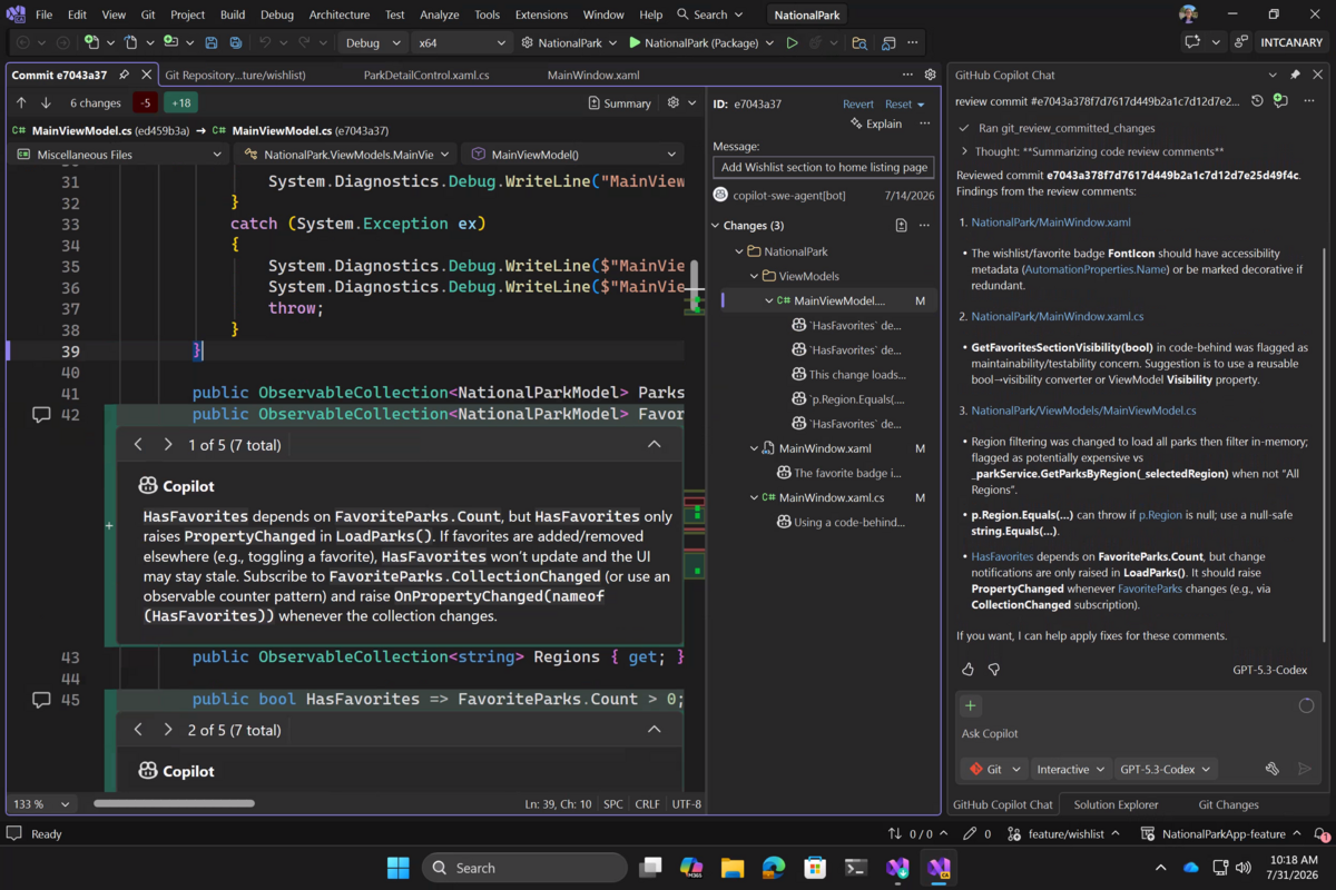 Inline-Review-Kommentare zu einem Commit mit dateispezifischen Befunden im Copilot-Chatbereich