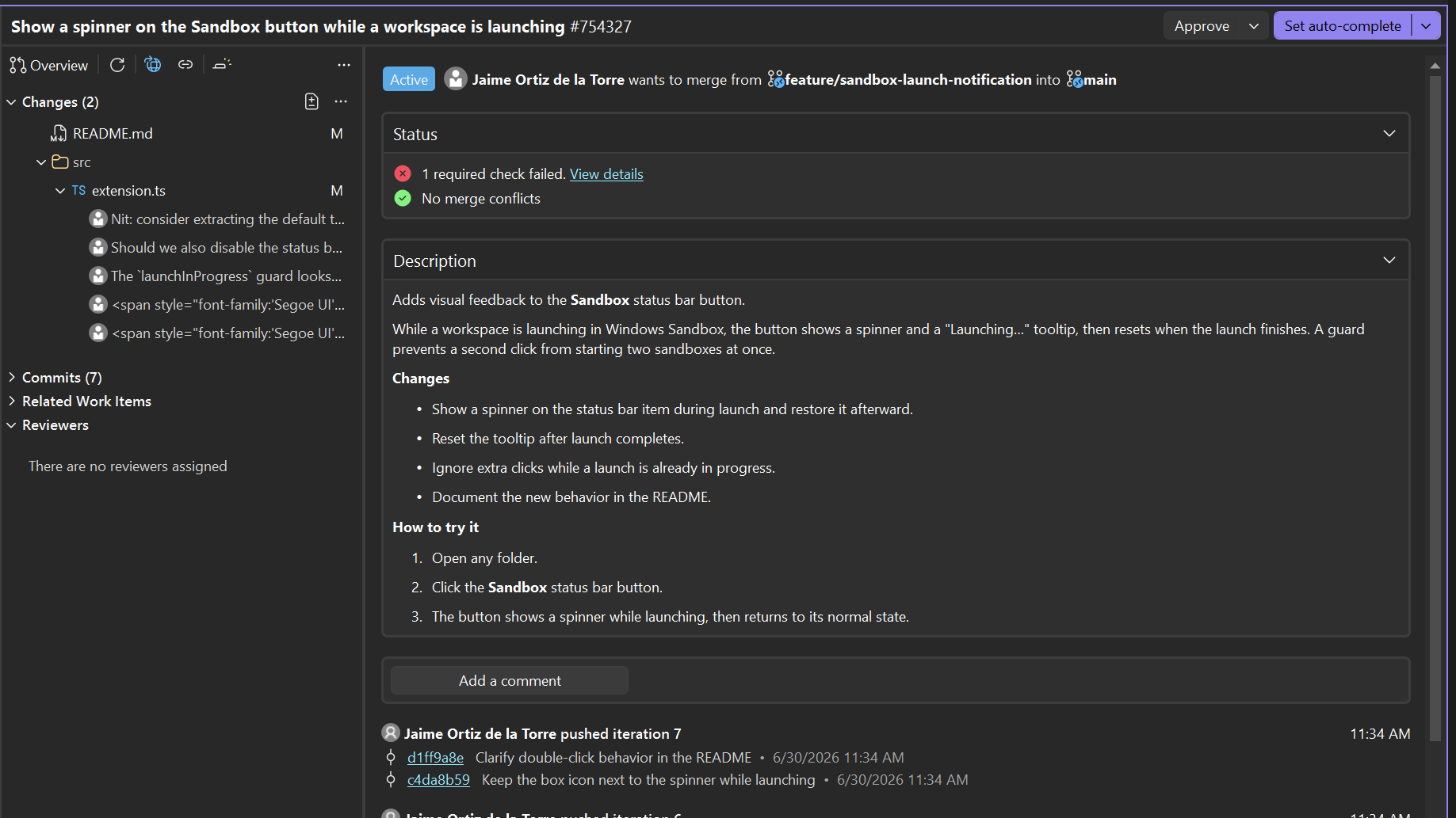 Registerkarte „Übersicht“ in der Pull-Request-Ansicht von Visual Studio mit „Automatisches Abschließen“ und Aktualisierungszeitverlauf