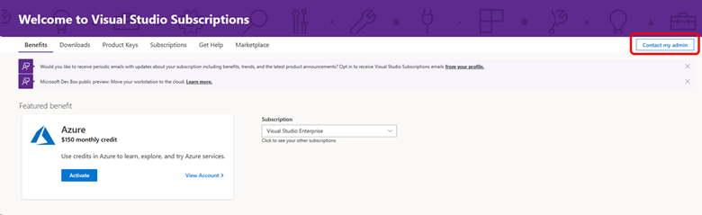 Kontaktieren des Abonnementadministrators im Abonnentenportal - Visual  Studio Subscription | Microsoft Learn