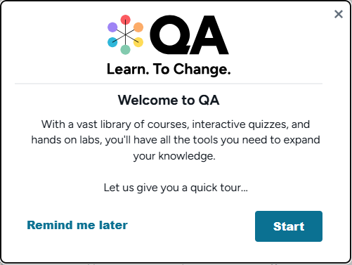 Screenshot der Cloud Academy Willkommen bei QA und der Schaltfläche 