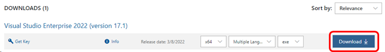 Screenshot des Downloaddetailsbereichs für Visual Studio Enterprise. Screenshot des Downloaddetailsbereichs für Visual Studio Enterprise.