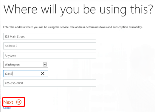 Screenshot of the contact information entry dialog. Next button is highlighted. Power BI Pro Benefit Contact Information