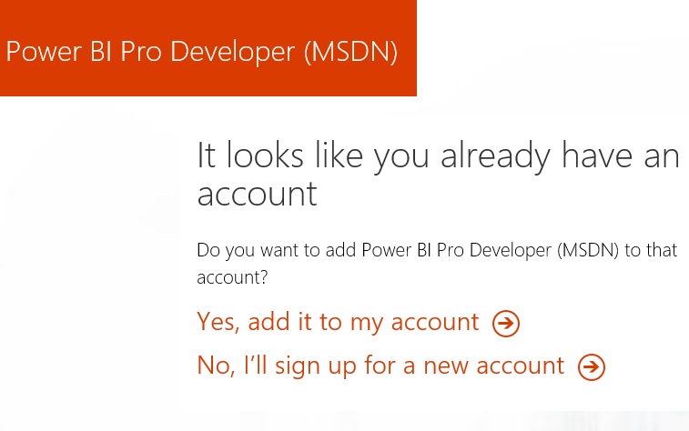 Screenshot of a warning that an account already exists. Power BI Pro Benefit Existing Account