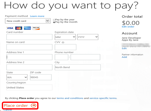 Screenshot of payment method selection dialog. Place order button is selected. Power BI Pro Benefit Paymant Information