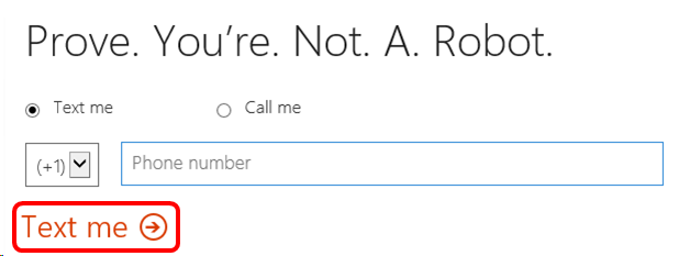 Screenshot of the confirmation code dialog. Text me option is selected. Power BI Pro Benefit Not A Robot