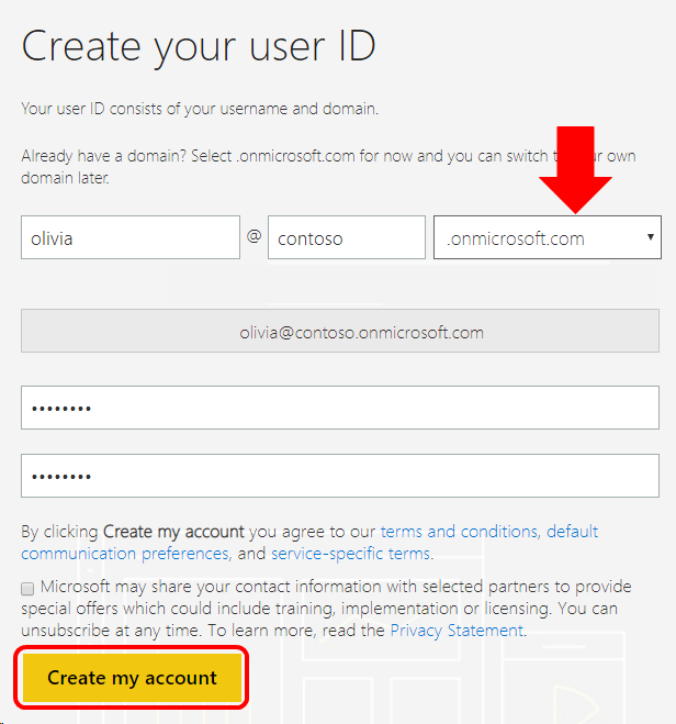 Screenshot of account creation dialog with arrow directed at domain name field. Create my account button is highlighted. Power BI Pro Benefit create private tenant userID