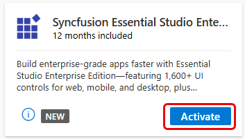 Essential Studio Enterprise Edition Vorteil-Kachel, die den ProduktNamen, das 12 Monate enthaltene Angebot und eine Beschreibung von über 1.600 UI-Steuerelementen für Web-, Mobil- und DesktÖffnentwicklung anzeigt. Ein blauer Aktivieren-Button ist in der unteren rechten Ecke der Kachel mit einem roten Rechteck hervorgehoben.