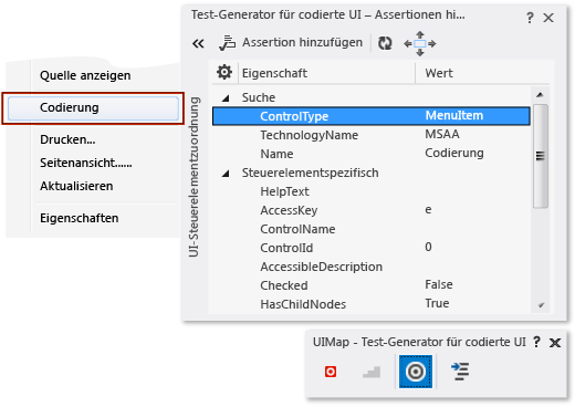 Screenshot, der das Tool „Assertionen hinzufügen“ im Coded UI-Test-Generator zeigt, das das Kontextmenü von Internet Explorer überlappt.